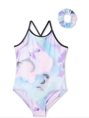 Justice Girls Pastel Tie-Dye One-Piece Dance Gymnastics Leotard With Scrunchie